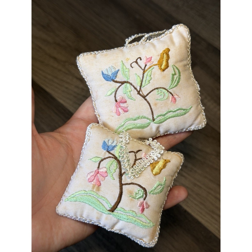 Vintage Handmade Miniature Embroidered Floral Pillows 3x3 Set of 2 Ornament